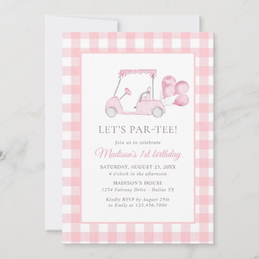 Pink Gingham Golf Girl 1e verjaardag Kaart (Voorkant)
