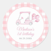 Pink Gingham Golf Girl 1e verjaardag Ronde Sticker (Voorkant)