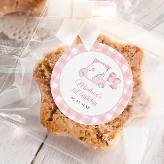 Pink Gingham Golf Girl 1e verjaardag Ronde Sticker