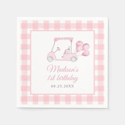 Pink Gingham Golf Girl 1e verjaardag Servet (Voorkant)