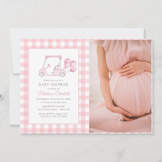 Pink Gingham Golf Girl Baby shower Foto Kaart (Voorkant)