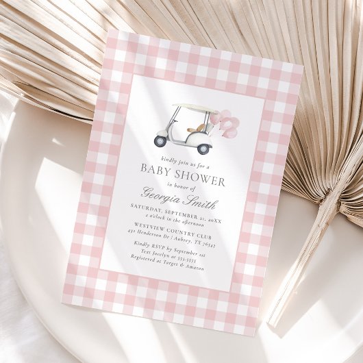 Pink Gingham Golf Girl Baby shower Kaart