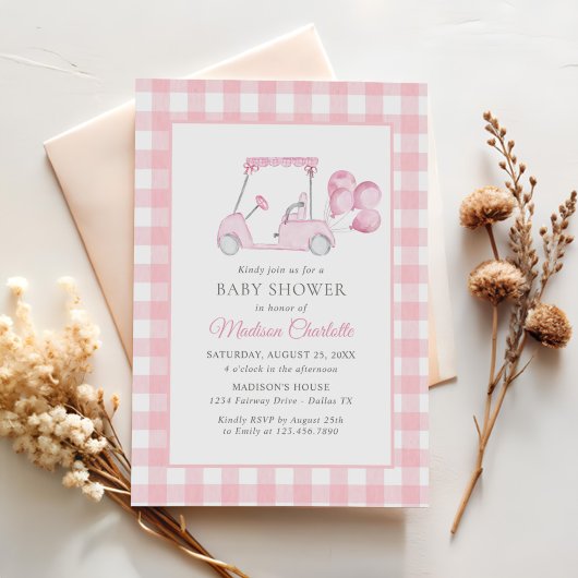 Pink Gingham Golf Girl Baby shower Kaart