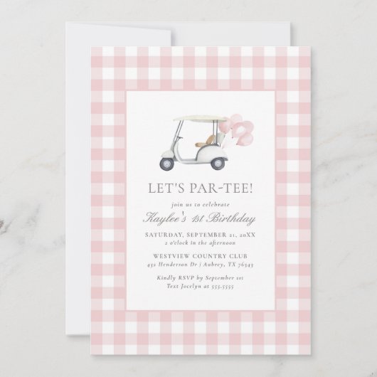 Pink Gingham Golf Girl Verjaardag Kaart (Voorkant)