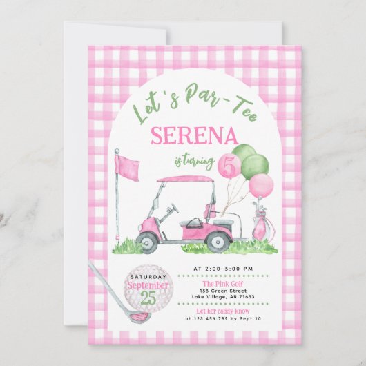 Pink Gingham Golf Verjaardag Par-T-shirt Uitnodigi Kaart (Voorkant)