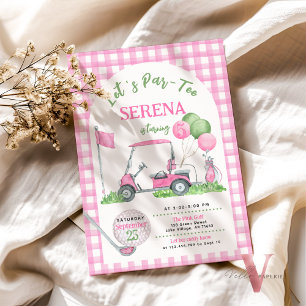 Pink Gingham Golf Verjaardag Par-T-shirt Uitnodigi Kaart
