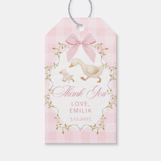 Pink Gingham Goose Birthday party Cadeaulabel (Voorkant)