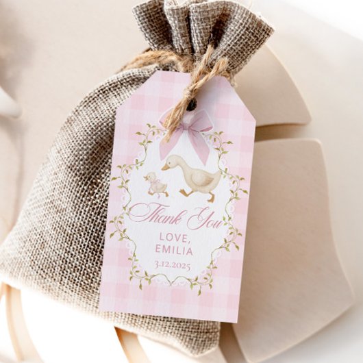 Pink Gingham Goose Birthday party Cadeaulabel