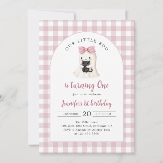 Pink Gingham Halloween Ghost Girl 1e verjaardag Kaart (Voorkant)