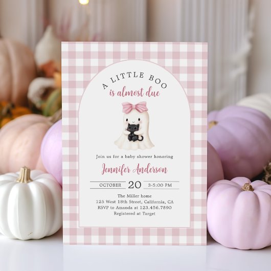 Pink Gingham Halloween Ghost Girl Baby shower Kaart