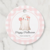 Pink Gingham Happy Halloween Schattige Ghost Bedankjes Labels (Voorkant)