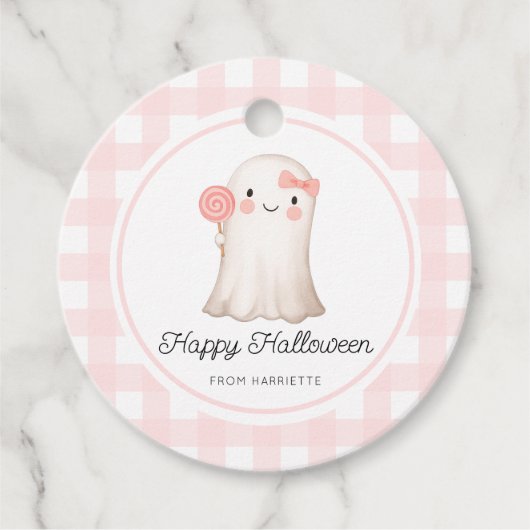Pink Gingham Happy Halloween Schattige Ghost Bedankjes Labels (Voorkant)