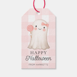 Pink Gingham Happy Halloween Schattige Ghost Cadeaulabel