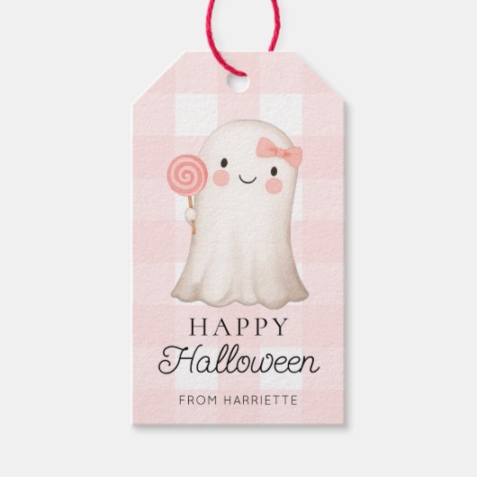 Pink Gingham Happy Halloween Schattige Ghost Cadeaulabel (Voorkant)