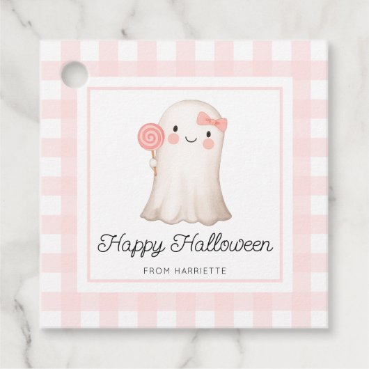 Pink Gingham Happy Halloween Schattige Ghost Favor Bedankjes Labels (Voorkant)