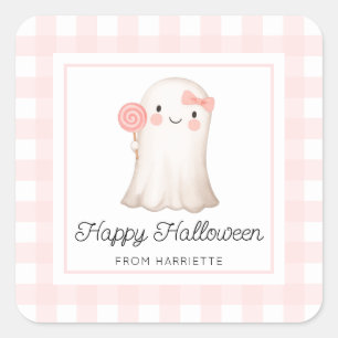 Pink Gingham Happy Halloween Schattige Ghost Favor Vierkante Sticker
