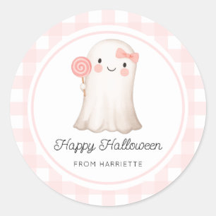 Pink Gingham Happy Halloween Schattige Ghost Ronde Sticker
