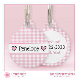 Pink Gingham Hearts gepersonaliseerd Huisdierpenning