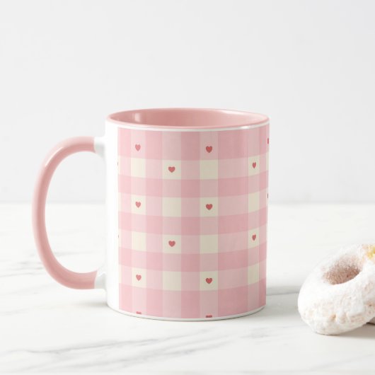 Pink Gingham Hearts Valentine  Mok (Met donut)