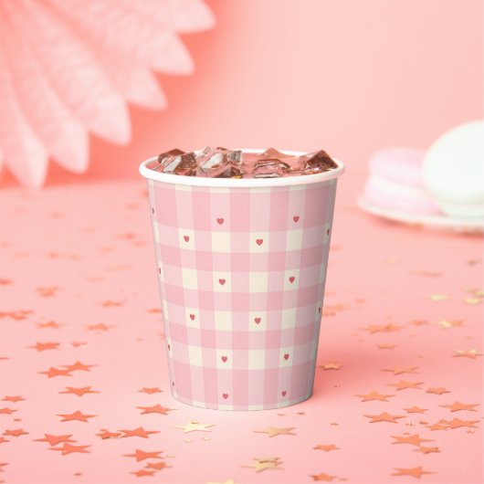 Pink Gingham Hearts Valentine  Papieren Bekers (Insitu)