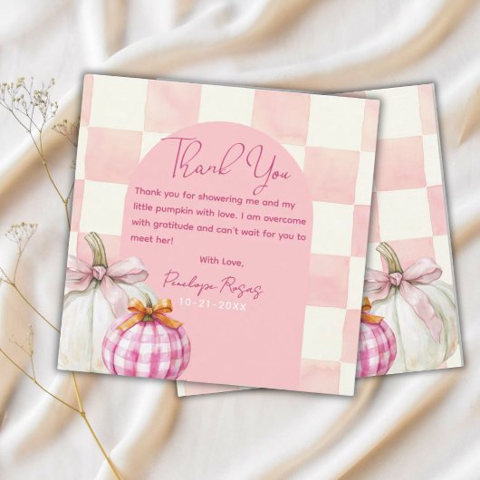 Pink Gingham Herfst Pompoen Meisje Baby shower Bedankkaart