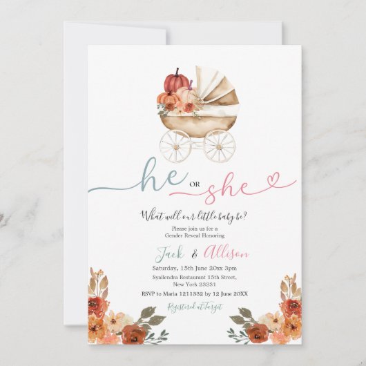 Pink Gingham Hij of zij Blue Pumpkin Gender Reveal Kaart (Voorkant)