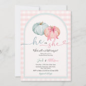 Pink Gingham Hij of zij Blue Pumpkin Gender Reveal Kaart (Voorkant)