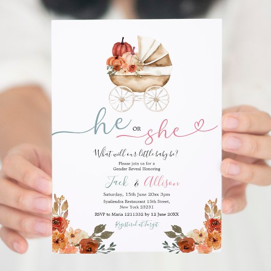 Pink Gingham Hij of zij Blue Pumpkin Gender Reveal Kaart