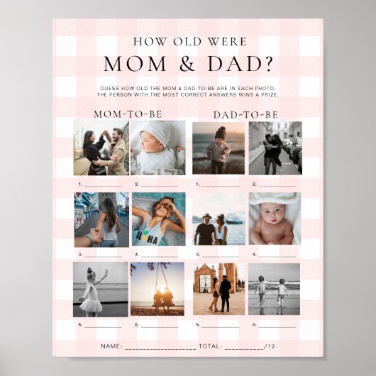 Pink Gingham Hoe oud waren mam en pap foto spel Poster (Voorkant)