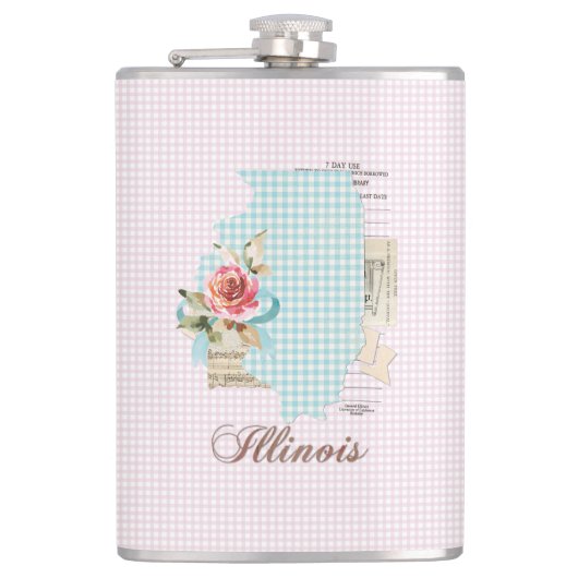 Pink Gingham Illinois State Vinyl Fles Heupfles (Voorkant)