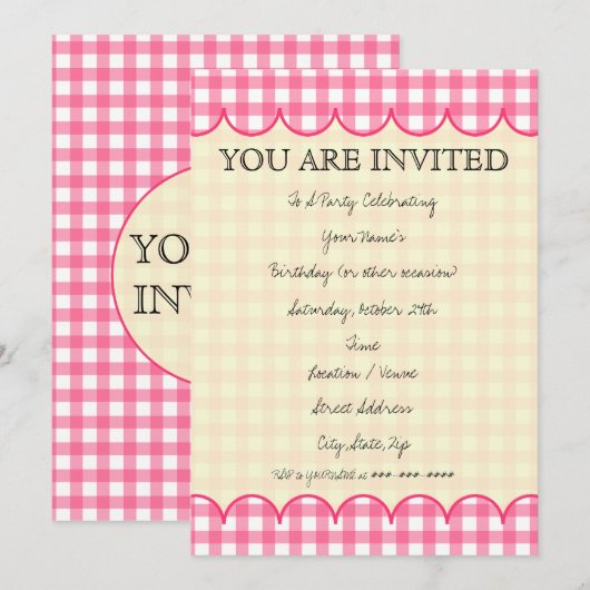 Pink Gingham Invitation Kaart (Voorkant / Achterkant)