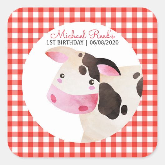 Pink Gingham Koe Boerderij Animal Birthday Barnyar Vierkante Sticker (Voorkant)