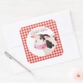 Pink Gingham Koe Boerderij Animal Birthday Barnyar Vierkante Sticker (Envelop)
