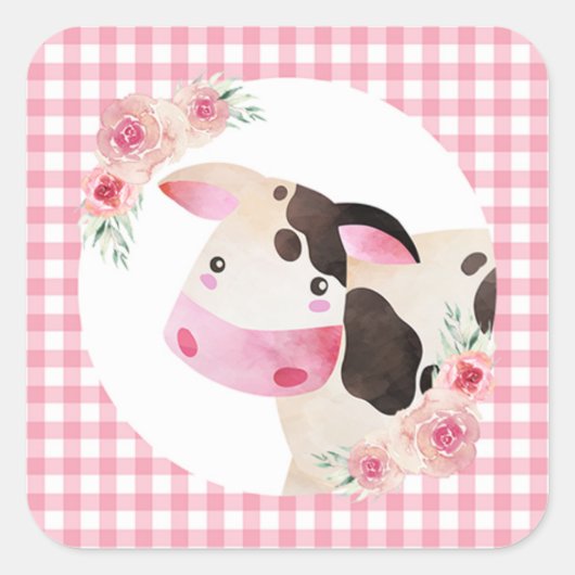 Pink Gingham Koe Floral Vierkante Sticker (Voorkant)