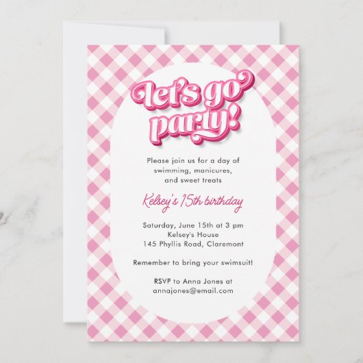 Pink Gingham Laten we gaan feestje verjaardag Kaart (Voorkant)