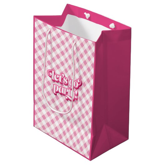 Pink Gingham Laten we gaan feestje verjaardag Medium Cadeauzakje (Voorkant Gekanteld)