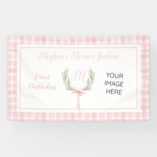 Pink Gingham Laurel Crest Birthday Spandoek (Horizontaal)