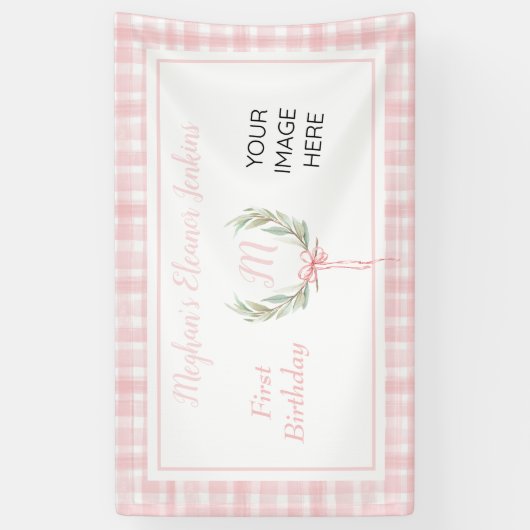 Pink Gingham Laurel Crest Birthday Spandoek (Verticaal)