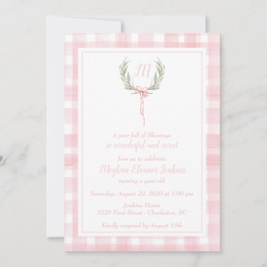 Pink Gingham Laurel Crest First Birthday Kaart (Voorkant)