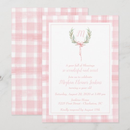 Pink Gingham Laurel Crest First Birthday Kaart (Voorkant / Achterkant)