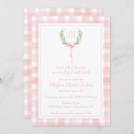 Pink Gingham Laurel Crest First Birthday Kaart