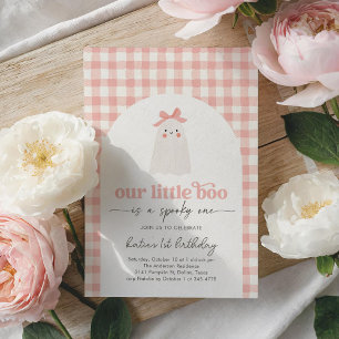 Pink Gingham Little Boo Ghost 1st Birthday Kaart