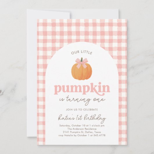 Pink Gingham Little Pumpkin 1e verjaardag Kaart (Voorkant)