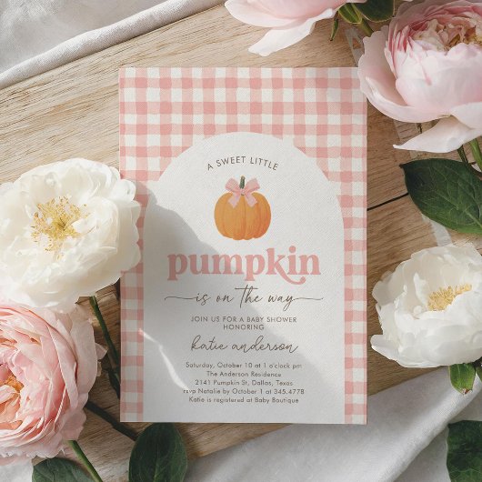 Pink Gingham Little Pumpkin Baby shower Kaart
