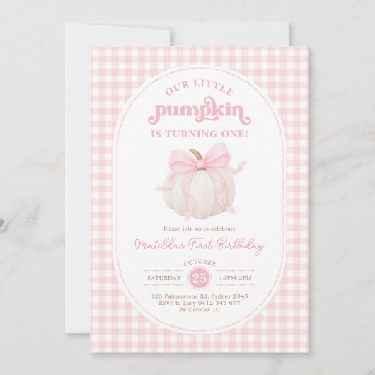 Pink Gingham Little Pumpkin Girl Verjaardagsfeestj Kaart (Voorkant)