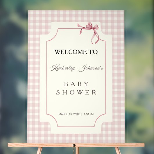 Pink Gingham met Bow-Baby shower Acryl Bord (Neutraal)