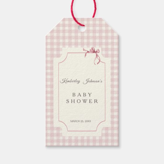 Pink Gingham met Bow Baby shower Favoriet Label Cadeaulabel (Voorkant)