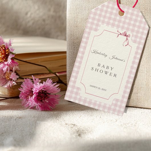 Pink Gingham met Bow Baby shower Favoriet Label Cadeaulabel