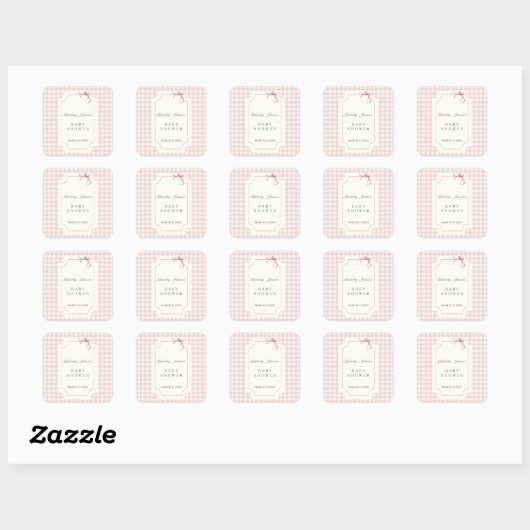 Pink Gingham met Bow-Baby shower Vierkante Sticker (Vel)