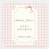 Pink Gingham met Bow-Baby shower Vierkante Sticker (Voorkant)